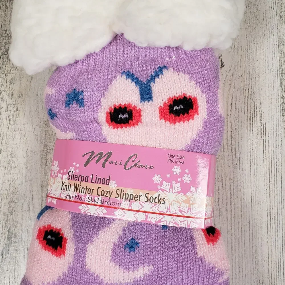 NWT Mari Clare Sherpa Lined Knit Winter Owl Moon Star No-Slip Slipper Socks